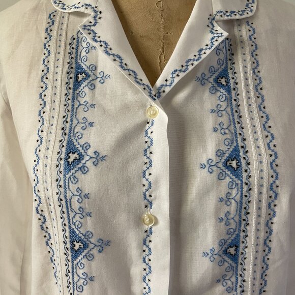 60s 70s Greek Boho Light Cotton Blend Embroider Needlepoint Button Up Blouse Med - Picture 2 of 13